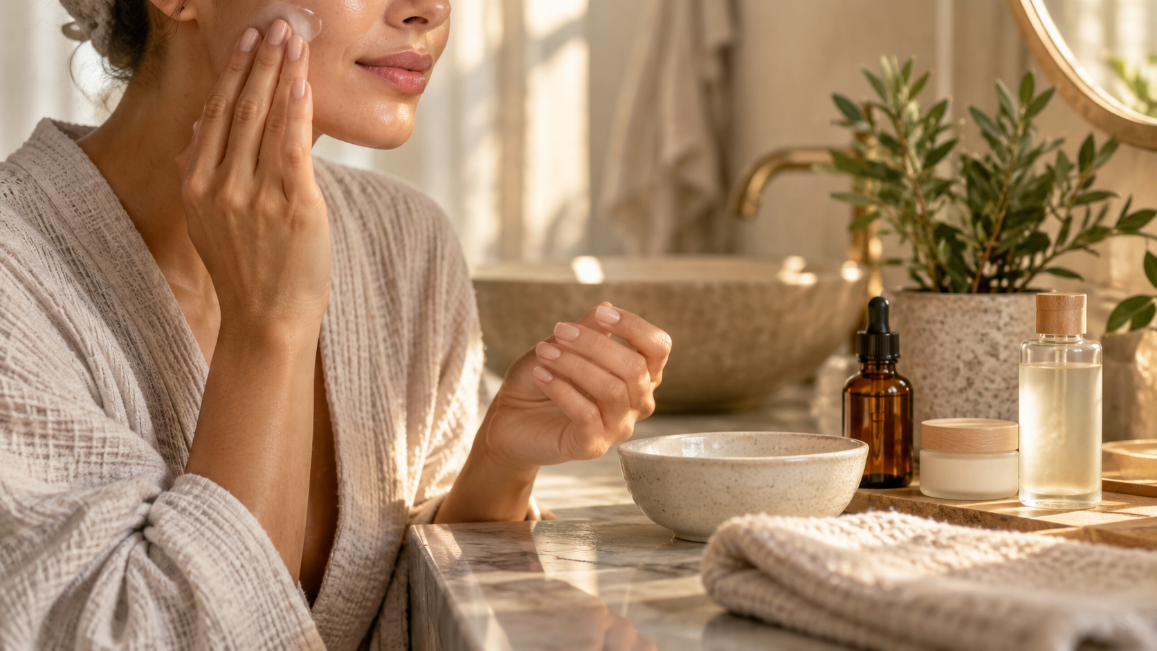 Gentle at-home skincare routine with serum and moisturizer