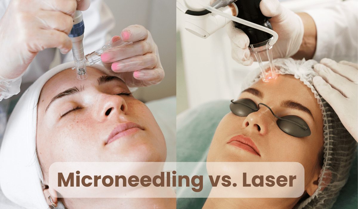 Microneedling pen and laser handpiece on a clinic tray